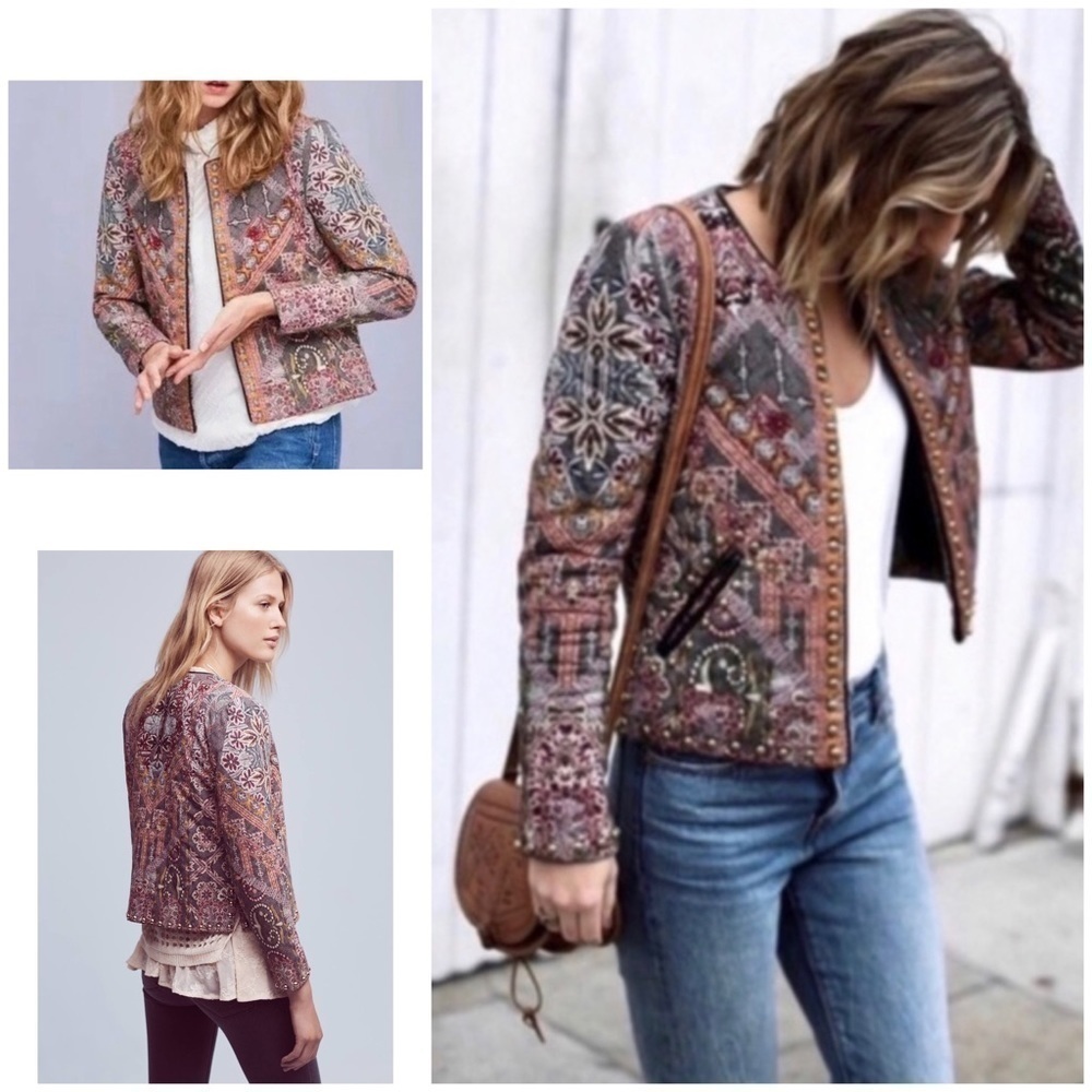 EUC Hemant & Nandita Geo Boho Print Pattern Quilted Studded Open Style Jacket XS
